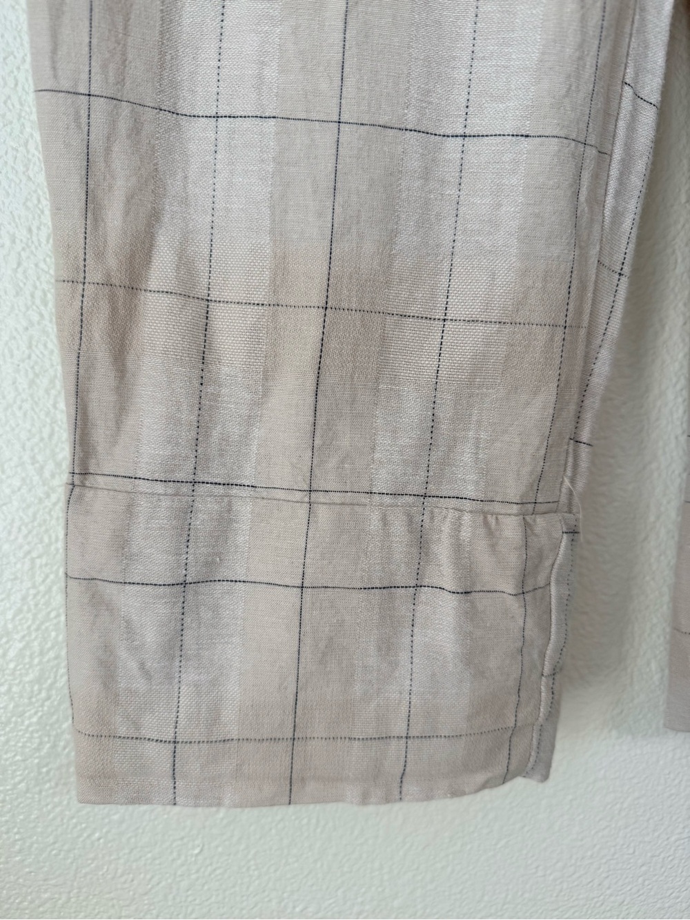 Zara Plaid Window Pain Cropped Cotton Linen Blend Pants-Cream Navy-Size Small - Picture 2 of 11